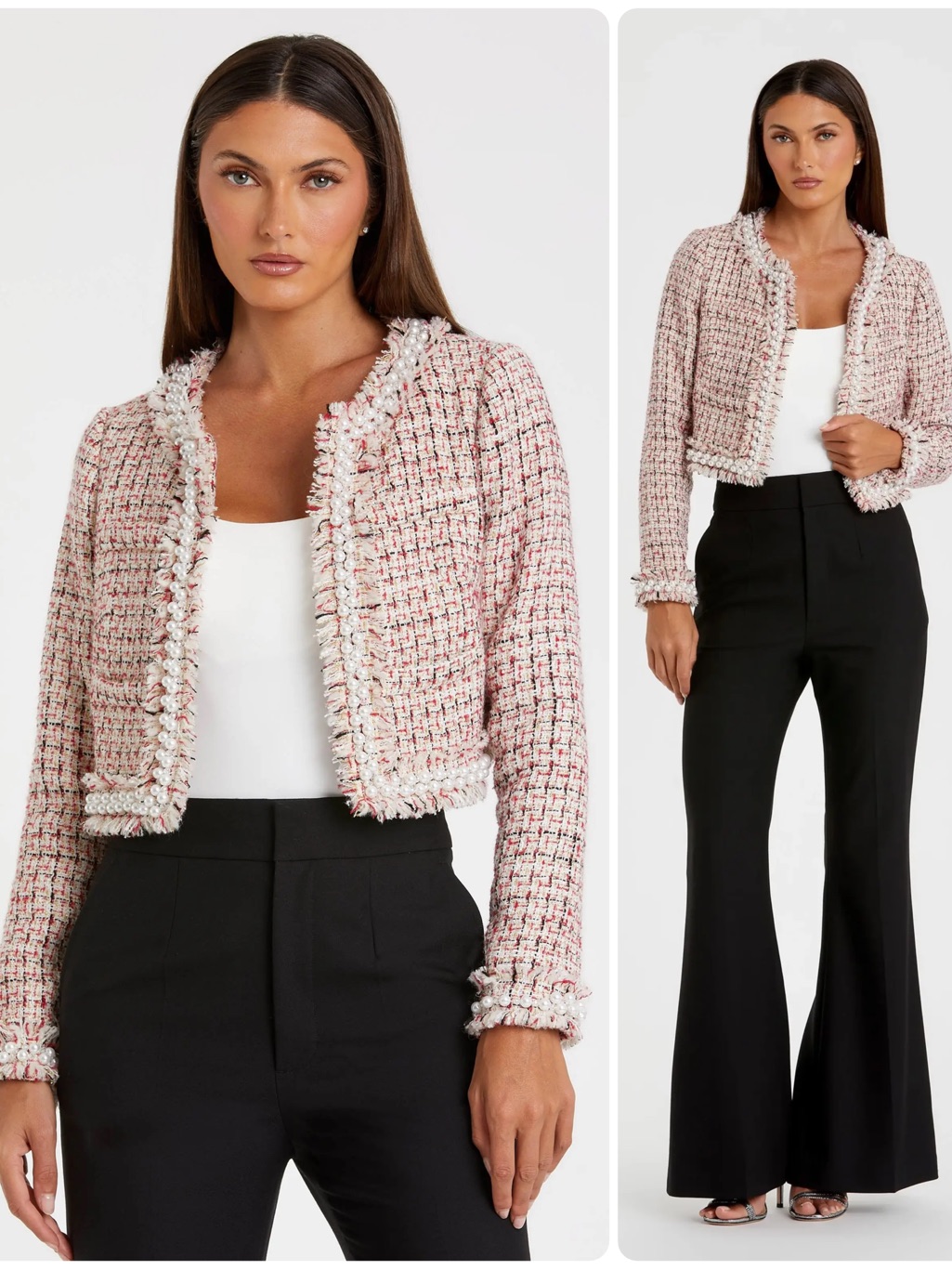 Mac Duggal Tweed Pearl-Trim Long Sleeve Cropped Jacket Blazer Top 20801 Nwt $398